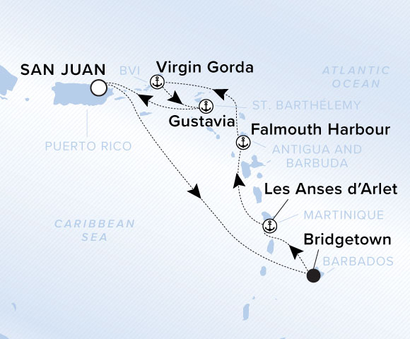 Map of Ilma Voyage 12260118 from San Juan to Gustavia, visiting Bridgetown, Les Anses-d'Arlet, Falmouth Harbour, Antigua, Virgin Gorda