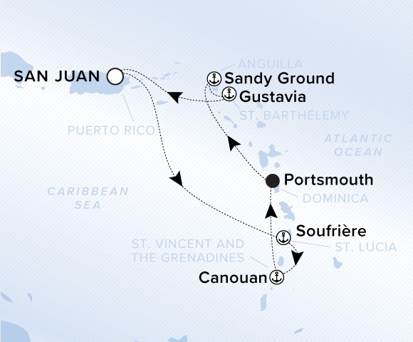 Map of Ilma Voyage 12260125 from San Juan to Gustavia, visiting Soufrière, Canouan, Portsmouth, Sandy Ground