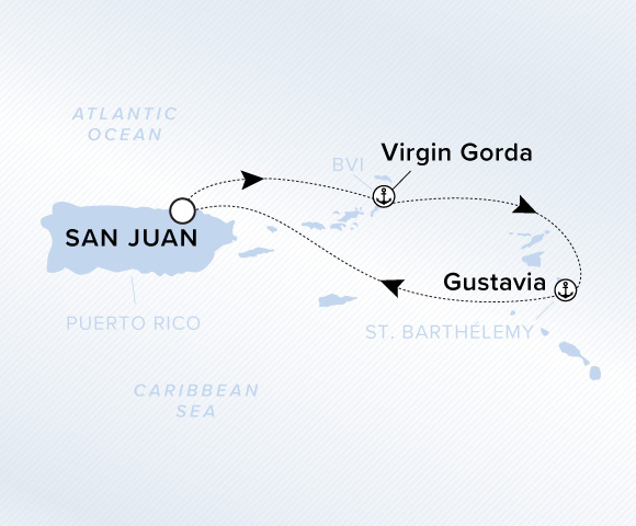 Map of Ilma Voyage 12260201 from San Juan to Gustavia, visiting Virgin Gorda