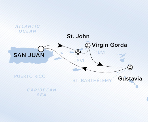 Map of Ilma Voyage 12260204 from San Juan to Gustavia, visiting St. John, Virgin Gorda