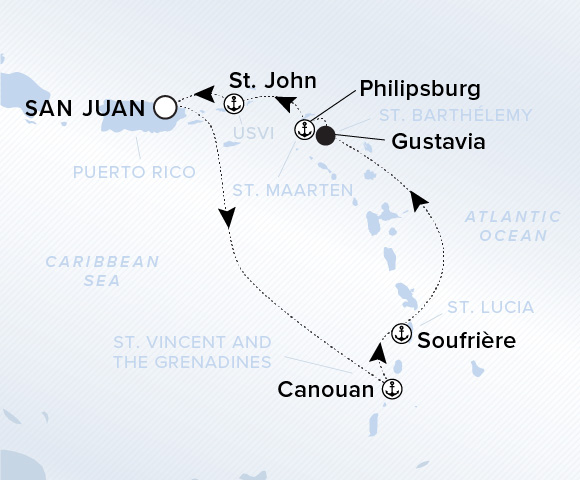 Map of Ilma Voyage 12260208 from San Juan to St. John, visiting Canouan, Soufrière, Gustavia, Philipsburg