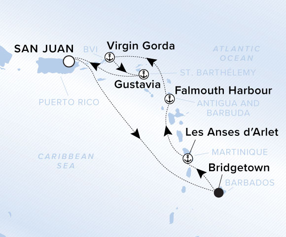 Map of Ilma Voyage 12260215 from San Juan to Gustavia, visiting Bridgetown, Les Anses-d'Arlet, Falmouth Harbour, Antigua, Virgin Gorda