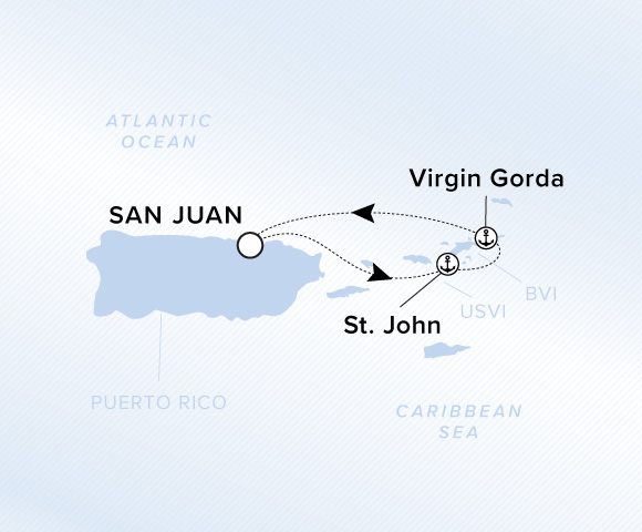Map of Ilma Voyage 12260222 from San Juan to Virgin Gorda, visiting St. John