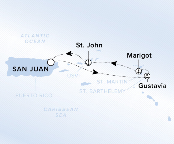 Map of Ilma Voyage 12260225 from San Juan to St. John, visiting Gustavia, Marigot