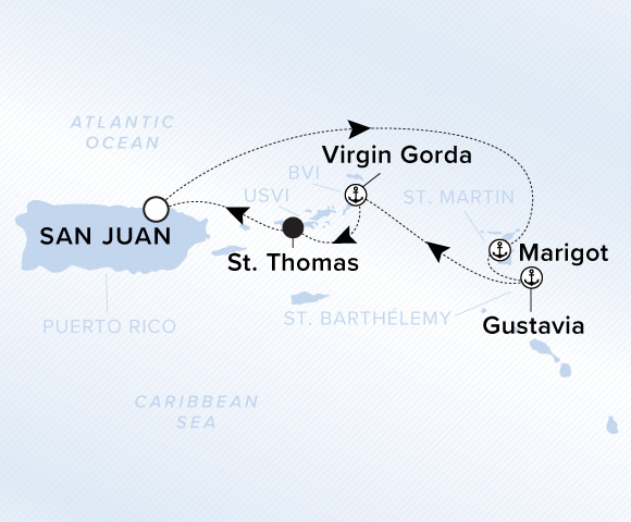 Map of Ilma Voyage 12260301 from San Juan to St. Thomas, visiting Marigot, Gustavia, Virgin Gorda