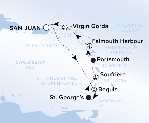 Map of Ilma Voyage 12260306 from San Juan to Virgin Gorda, visiting Bequia, St. George's, Soufrière, Portsmouth, Falmouth Harbour, Antigua
