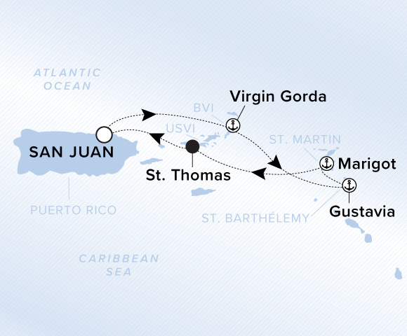 Map of Ilma Voyage 12260314 from San Juan to St. Thomas, visiting Virgin Gorda, Gustavia, Marigot
