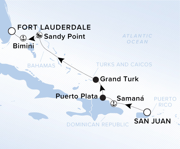 Map of Ilma Voyage 12260319 from San Juan to Fort Lauderdale, Florida, visiting Samaná, Puerto Plata, Grand Turk, Sandy Point (Marina Day), Bimini