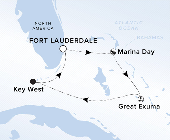 Map of Ilma Voyage 12260326 from Fort Lauderdale, Florida to Key West, Florida, visiting Marina Day, Great Exuma