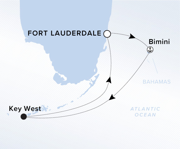 Map of Ilma Voyage 12260331 from Fort Lauderdale, Florida to Key West, Florida, visiting Bimini