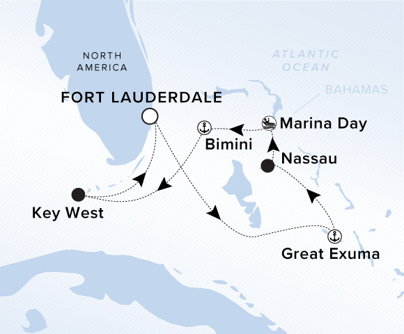Map of Ilma Voyage 12260403 from Fort Lauderdale, Florida to Key West, Florida, visiting Great Exuma, Nassau, Sandy Point (Marina Day), Bimini