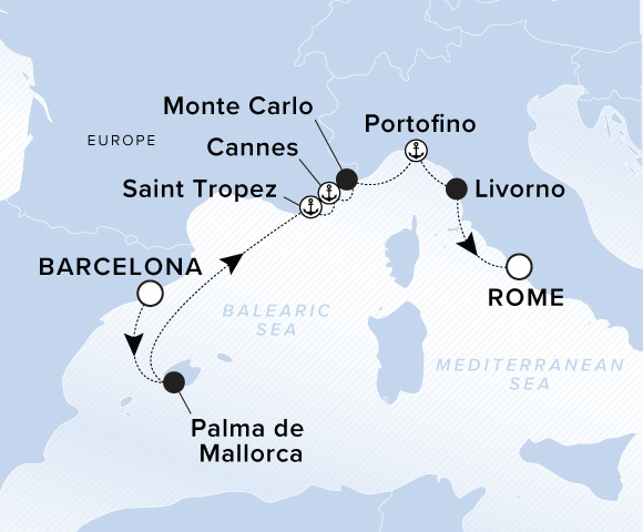 Map of Ilma Voyage 12260503 from Barcelona to Rome (Civitavecchia), visiting Palma de Mallorca, Mallorca, Balearic Islands, Saint-Tropez, Cannes, Monte Carlo, Portofino