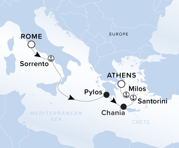 Map of Ilma Voyage 12260511 from Rome (Civitavecchia) to Athens (Piraeus), visiting Sorrento, Pylos, Chania (Souda), Crete, Santorini, Milos