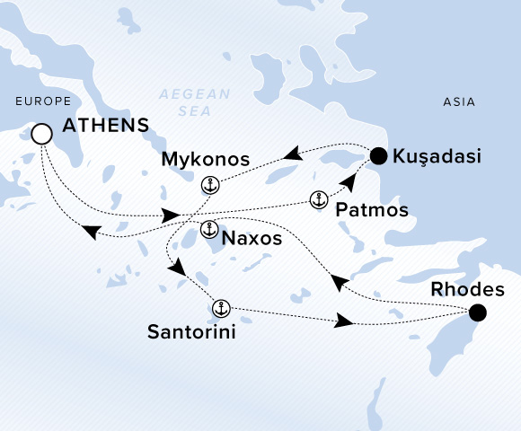 Map of Ilma Voyage 12260518 from Athens (Piraeus) to Naxos, visiting Patmos, Kusadasi, Mykonos, Santorini, Rhodes