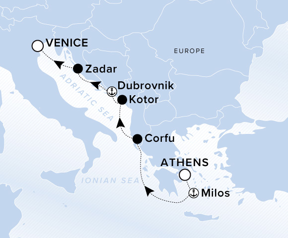 Map of Ilma Voyage 12260525 from Athens (Piraeus) to Venice, visiting Milos, Corfu, Kotor, Dubrovnik, Zadar