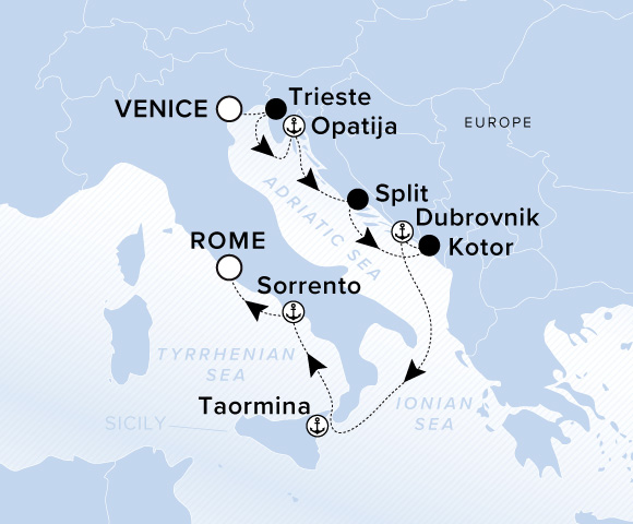 Map of Ilma Voyage 12260601 from Venice to Rome (Civitavecchia), visiting Trieste, Opatija, Split, Kotor, Dubrovnik