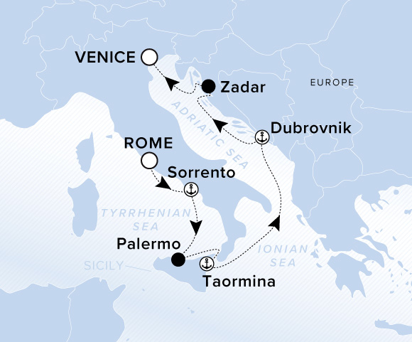 Map of Ilma Voyage 12260610 from Rome (Civitavecchia) to Venice, visiting Sorrento, Palermo, Sicily, Taormina (Naxos), Sicily, Dubrovnik, Zadar