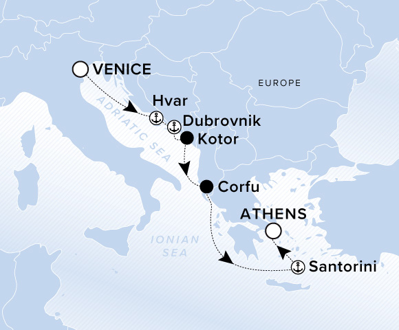 Map of Ilma Voyage 12260617 from Venice to Athens (Lavrion), visiting Hvar, Dubrovnik, Kotor, Corfu, Santorini