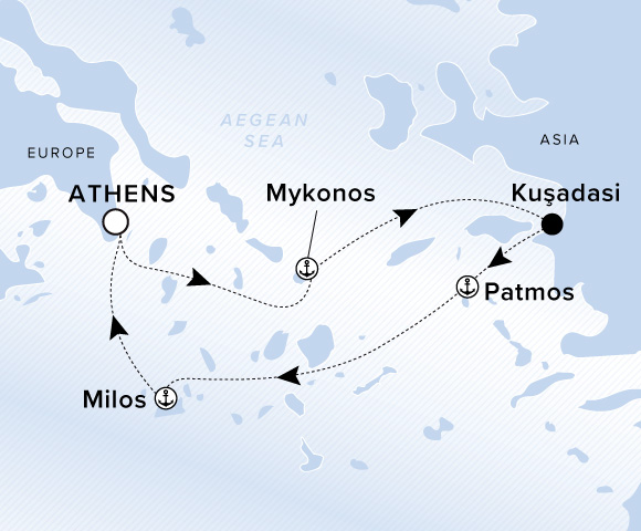 Map of Ilma Voyage 12260624 from Athens (Lavrion) to Athens (Piraeus), visiting Mykonos, Kusadasi, Patmos, Milos