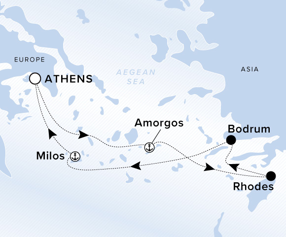 Map of Ilma Voyage 12260629 from Athens (Piraeus) to Milos, visiting Amorgos, Rhodes, Bodrum