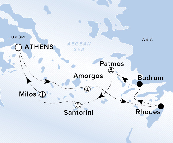 Map of Ilma Voyage 12260704 from Athens (Piraeus) to Milos, visiting Amorgos, Rhodes, Bodrum, Patmos, Santorini