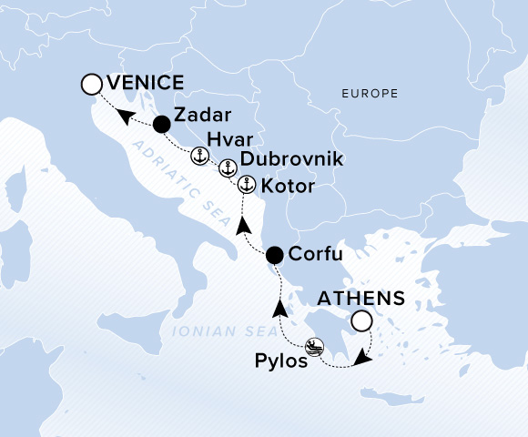 Map of Ilma Voyage 12260711 from Athens (Piraeus) to Venice, visiting Pylos (Marina Day), Corfu, Kotor, Dubrovnik, Hvar