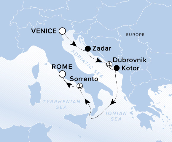 Map of Ilma Voyage 12260718 from Venice to Rome (Civitavecchia), visiting Zadar, Dubrovnik, Kotor, Sorrento