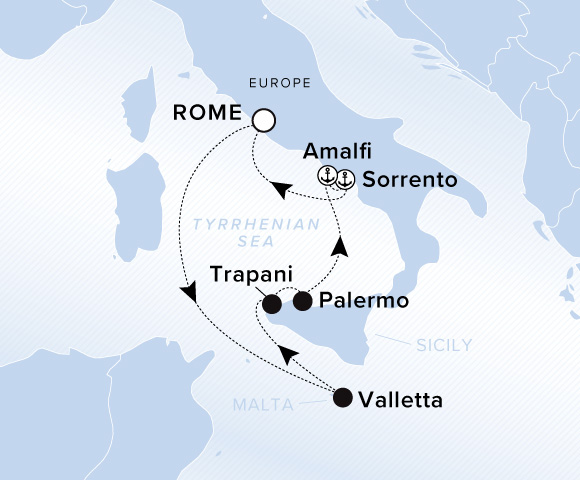 Map of Ilma Voyage 12260724 from Rome (Civitavecchia) to Sorrento, visiting Valletta, Trapani, Palermo, Sicily, Amalfi