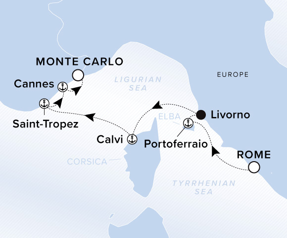 Map of Ilma Voyage 12260731, Rome (Civitavecchia) to Monte Carlo