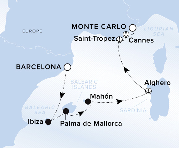 Map of Ilma Voyage 12260814, Barcelona to Monte Carlo