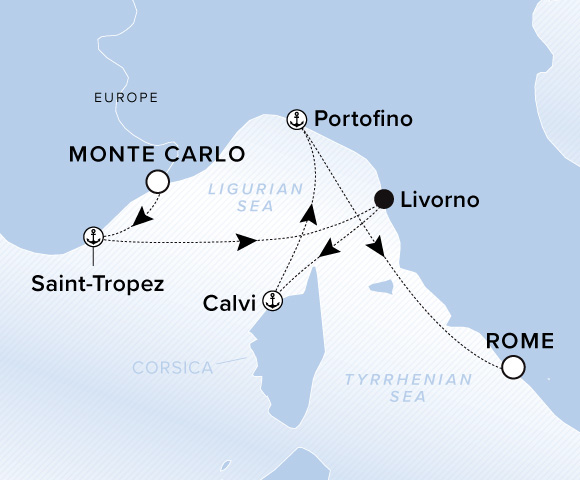 Map of Ilma Voyage 12260828 from Monte Carlo to Rome (Civitavecchia), visiting Saint-Tropez, Livorno, Calvi, Corsica, Portofino