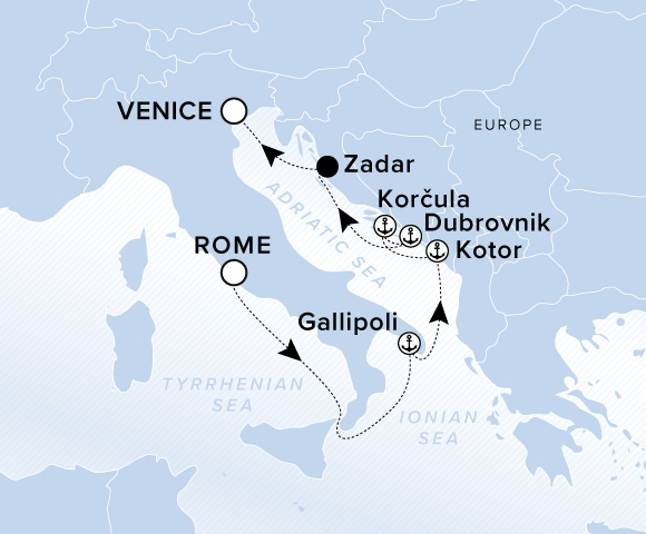Map of Ilma Voyage 12260903 from Rome (Civitavecchia) to Venice, visiting Gallipoli, Kotor, Korcula, Dubrovnik, Zadar