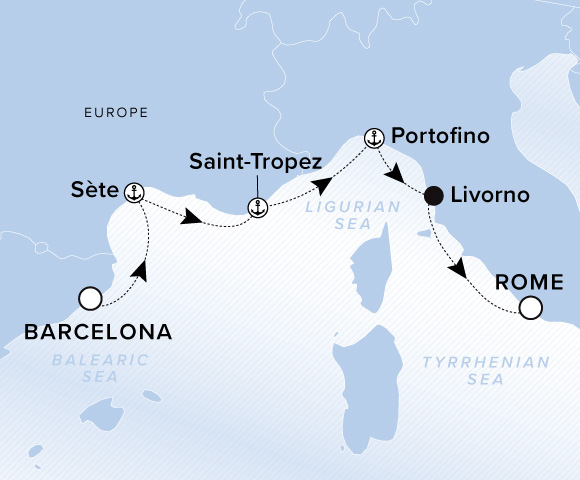 Map of Ilma Voyage 12270501, Barcelona to Rome (Civitavecchia)