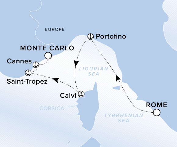 Map of Ilma Voyage 12270624, Rome (Civitavecchia) to Monte Carlo