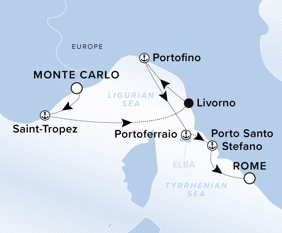 Map of Ilma Voyage 12270708, Monte Carlo to Rome (Civitavecchia)