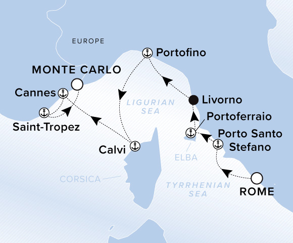 Map of Ilma Voyage 12271011, Rome (Civitavecchia) to Monte Carlo