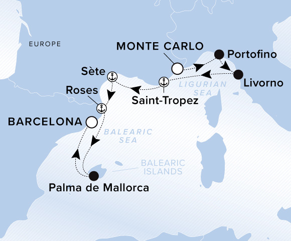 Map of Ilma Voyage 12271019, Monte Carlo to Barcelona
