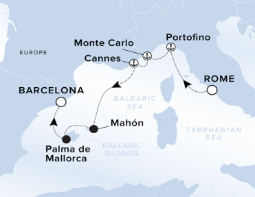 Ritz-Carlton Yacht Cruises 2025 Luminara Itinerary A map of the Tyrrhenian and Balearic Sea. A line starting in Rome going to Portofino, Monte Carlo, Cannes, Mahon, Palma de Mallorca and ending in Barcelona.