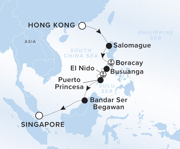 A map of the South China Sea, Sulu Sea, and Philippine Sea. A line shows the voyage route from Hong Kong, Salomague, Busuanga, El Nido, Puerto Princesa, Bandar Seri Begawan, Kuching and Singapore.