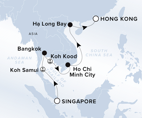 A map of the Andaman Sea, Gulf of Thailand, and South China Sea. A line shows the voyage route from Singapore, Koh Samui, Bangkok, Koh Kood, Ho Chi Minh City, Koh Kood, Da Nang, Ha Long Bay, and Hong Kong.