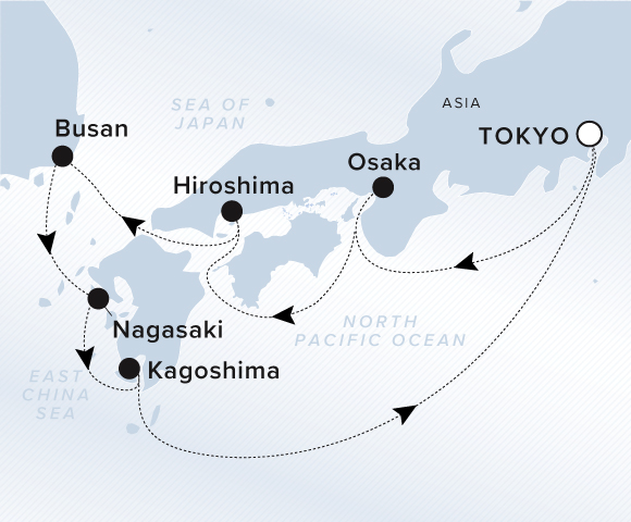 A map of the North Pacific Ocean, East China Sea, and Sea of Japan. A line shows the voyage route from Tokyo, Osaka, Hiroshima, Fukuoka, Busan, Nagasaki, Kagoshima, and back to Tokyo.