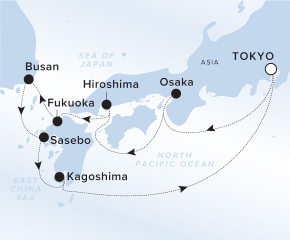 A map of the North Pacific Ocean, East China Sea, and Sea of Japan. A line shows the voyage route from Tokyo, Osaka, Hiroshima, Fukuoka, Busan, Nagasaki, Kagoshima, and back to Tokyo.