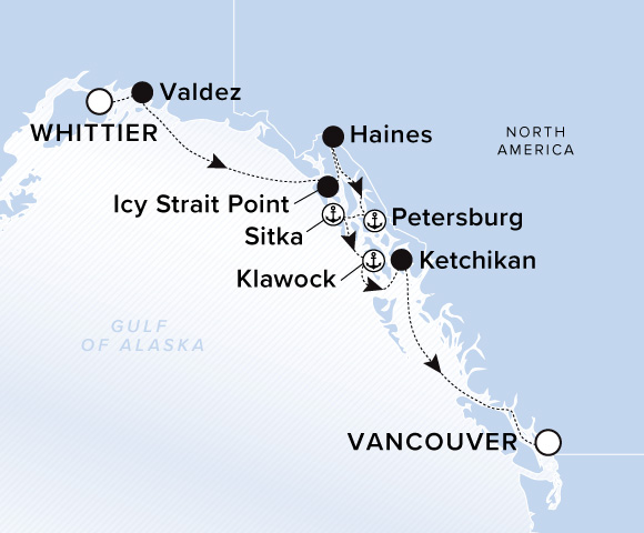 A map of the Gulf of Alaska and mainland Alaska. A line starts in Whittier and goes to Valdez, Icy Strait Point, Haines, Petersburg, Sitka, Klawock, Ketchikan, and ends in Vancouver. 