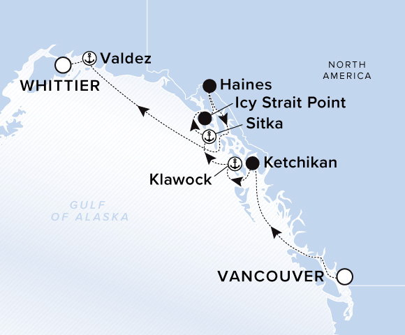A map of the Gulf of Alaska. A line starts in Vancouver and goes to Ketchikan, Klawock, Sitka, Icy Strait Point, Haines, Valdez, and ends in Whittier. 