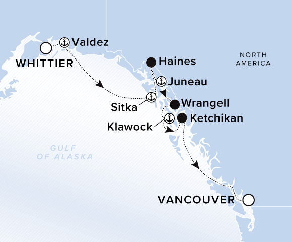 A map of the Gulf of Alaska and mainland Alaska. A line starts in Whittier and goes to Valdez, Sitka, Haines, Juneau, Wrangell, Klawock, Ketchikan, and ends in Vancouver.