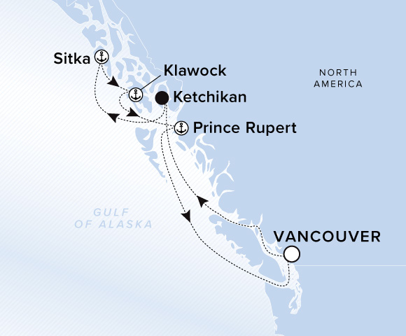 A map of the Gulf of Alaska. A line starts in Vancouver and goes to Ketchikan, Sitka, Klawock, Prince Rupert, and ends back in Vancouver.  