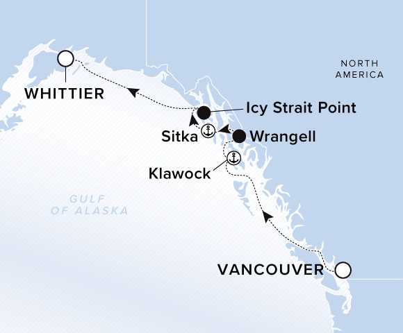 A map of the Gulf of Alaska. A line starts in Vancouver and goes to Klawock, Wrangell, Sitka, Icy Strait Point, and ends in Whittier. 