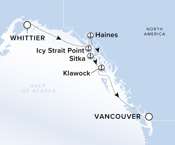 A map of the Gulf of Alaska. A line starts in Whittier and goes to Icy Strait Point, Haines, Sitka, Klawock, and ends in Vancouver.