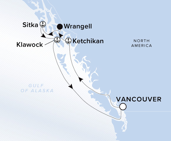 A map of the Gulf of Alaska. A line starts in Vancouver and goes to Ketchikan, Wrangell, Sitka, Klawock, and ends back in Vancouver. 