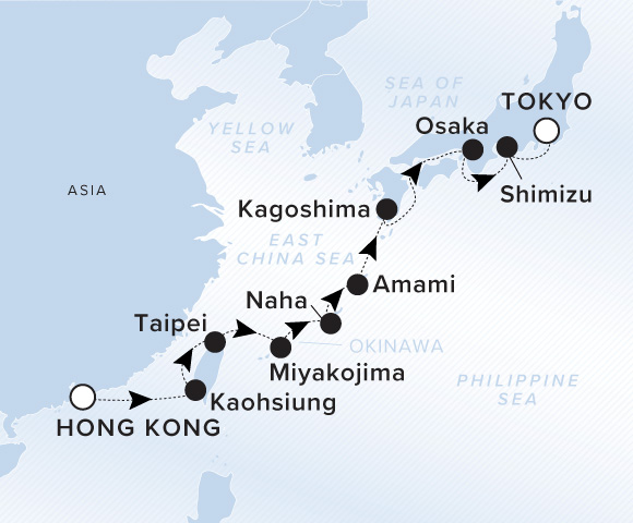 Map of Luminara Voyage 13270314, Hong Kong to Tokyo (Yokohama)